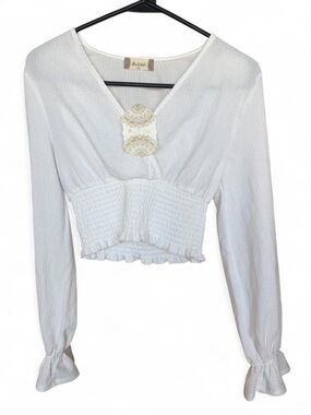 Altar'd State White Smocked-Waist V-Neck Long Sleeve Top
